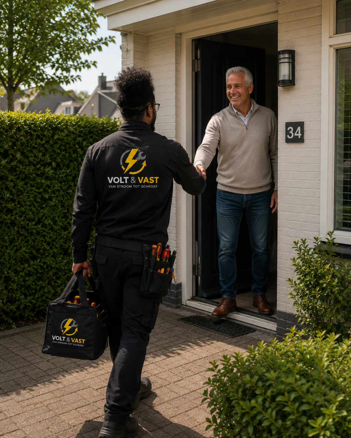 Monteur van Volt en Vast schudt hand met klant bij voordeur